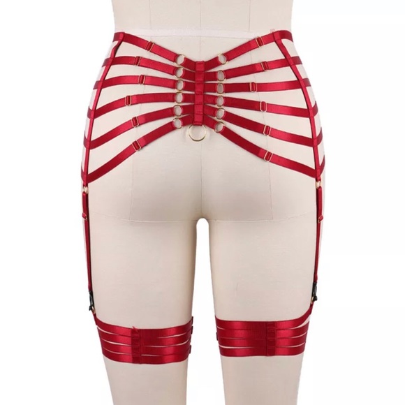 Red Garters Belt Body Harness BDSM Bondage Stockin - Picture 3 of 4